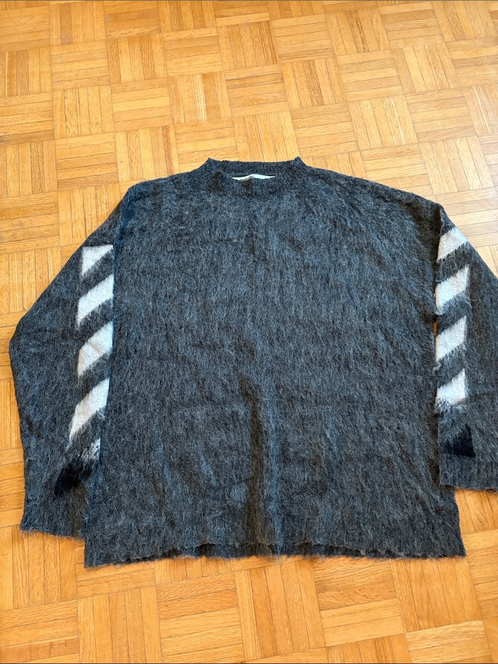 Off-White Black Crewneck Sweater with Diagonal White Sleeve Stripes. NWOT